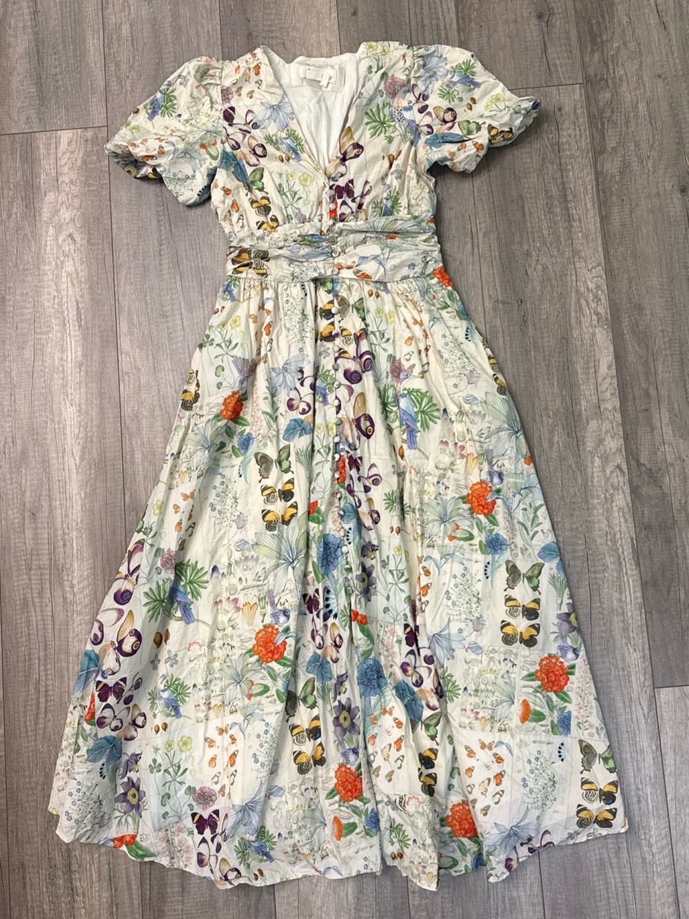 Anthropologie White Midi Dress with Floral, Butterfly & Botanical Print